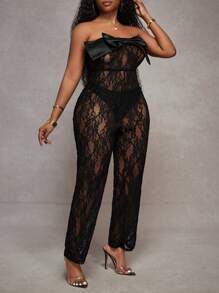 Slaydiva 女士性感透视蝴蝶结抹胸连体裤，情人节 - 黑色 - 查看 7