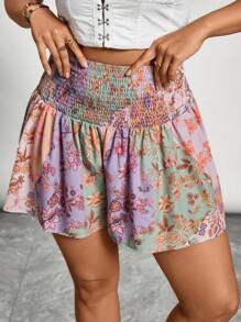 SHEIN VCAY Shorts plus size casuais com estampa floral e cintura ajustável com cordão, estilo boho country, para mulheres, ideais para férias. - Multicolorido - Ver 3
