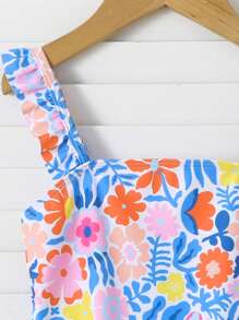 SHEIN Cute Girls' One-Piece Ditsy Floral Adjustable Ruffle Strap Ruffle Hem Swimsuit, Pool Party/Beach Vacation - Multicolor - View 3