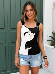 Women Cat Print Round Neck Casual Camisole