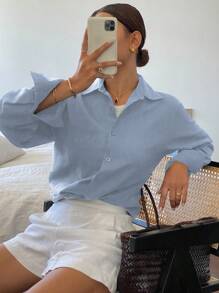 Livesso Solid Color Casual Versatile Long Sleeve Collared Pocket Blouse For Women, Spring/Summer Linen,Fall Clothes - Blue - View 5