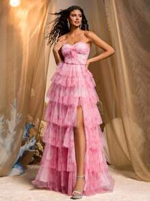 优雅浪漫粉色网眼数码印花 V 领胸部扭纹设计性感开衩连衣裙适合毕业典礼约会单身派对度假正式场合晚礼服、长袍、晚会、婚礼宾客 - 粉色 - 查看 7