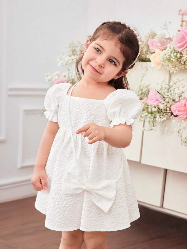 Cute & Elegant Babygirl White Ruffle Short Sleeve Dress & Crossbody Bag, Summer