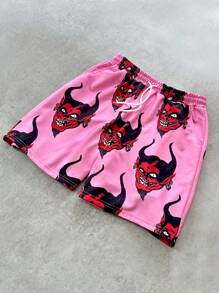 PAVTROS Men's Casual Pink Shorts With All-Over Devil Print: Comfortable Fabric Short Length And Pockets For Everyday Wear - Multicolor - View 1