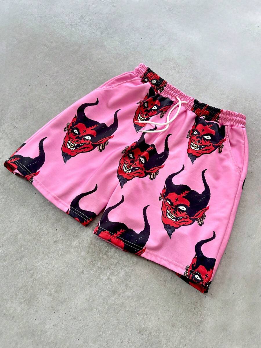 PAVTROS Men's Casual Pink Shorts With All-Over Devil Print: Comfortable Fabric Short Length And Pockets For Everyday Wear - Multicolor - View 1