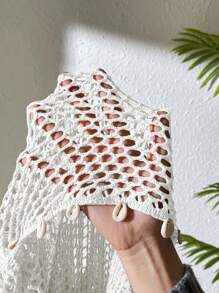 Swim Vcay Women Spring Break Hollow Out Sheer Shell Decor Flare Sleeve Boat Neck Knit Beach Cover Up Dress, Suitable For Spring & Summer Holiday