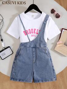 SHEIN Conjunto de blusa de manga corta con estampado y pantalones cortos asimétricos de mezclilla para niña preadolescente - Blanco - Ver 9