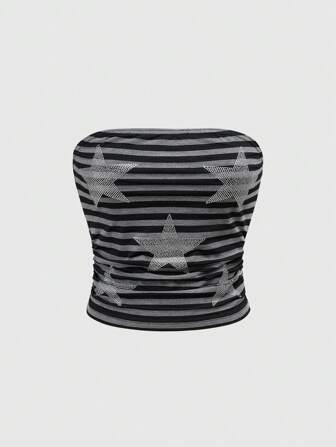 Grunge Punk Top tube rayé avec taille froncée à imprimé étoiles strass de style vintage Y2K