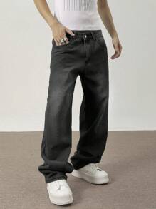 Manfinity Hypemode Pantalones vaqueros de hombre con bolsillos sesgados y pierna ancha con ajuste holgado