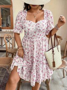 SHEIN Clasi Plus Size Casual Resort Romantic Embroidered Floral Hollow Out Frill Trim Gathered Waist Knee Length Dress - Multicolor - View 5