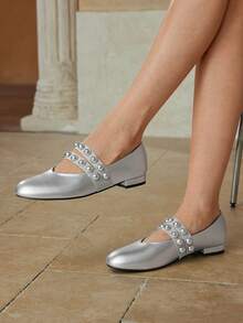 MOTF PREMIUM Zapatos casuales de mujer con puntera redonda plana para otoño - Plateado - Ver 6