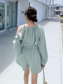 DAZY Blusa de hombros descubiertos y pantalones cortos de dos piezas para mujer - verde menta - Ver 2