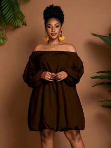 Maweii Plus Size Solid Color Off-Shoulder Long Sleeve Elastic Waist Short Dress Fall - Coffee Brown - View 1