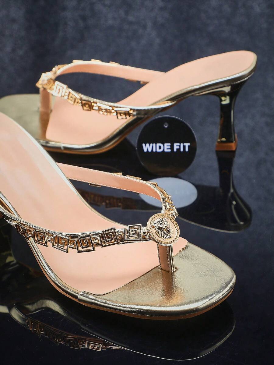 SHUZIA Women's Wide-Fit Fashion Comfortable Thong Heel Sandals With Metal Decors - Gold - View 1
