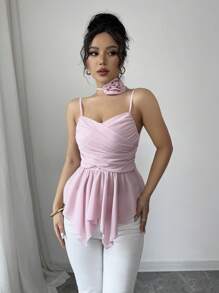 SHEIN Unity Elegant Ladies Dusty Mauve Summer Party Tank Top,Spaghetti Strap Criss-Cross Ruffle Asymmetric Double Layer Hem Back Tie 3D Rose Decor Cute Pink - Pink - View 7