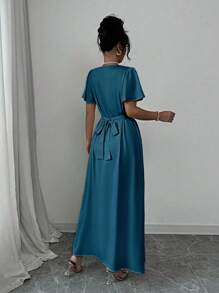 Elenzga Vestido largo con cuello drapeado, cintura ajustada y espalda descubierta con moño, en satén champán, adecuado para el Día de San Valentín y bodas
