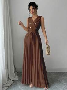 Elenzga Women's Elegant Apricot Double-Breasted Design Pleated Jumpsuit, Spring & Autumn - Mocha Brown - View 4