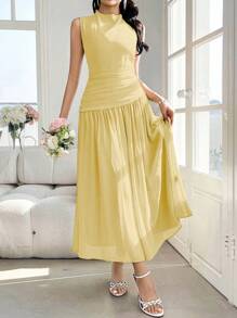 Modelyn Vestido plisado sin mangas de cuello alto para mujer - Amarillo claro - Ver 7