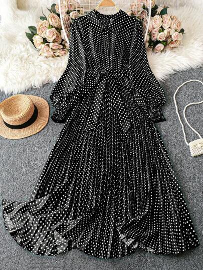 DreamSkyne Court Retro  Plus Size Women's Polka Dot Print Long Sleeve Ruffle Hem Elegant Dress, Autumn For New Year Clothes Maxi Women Outfit Fall Cloth For Women