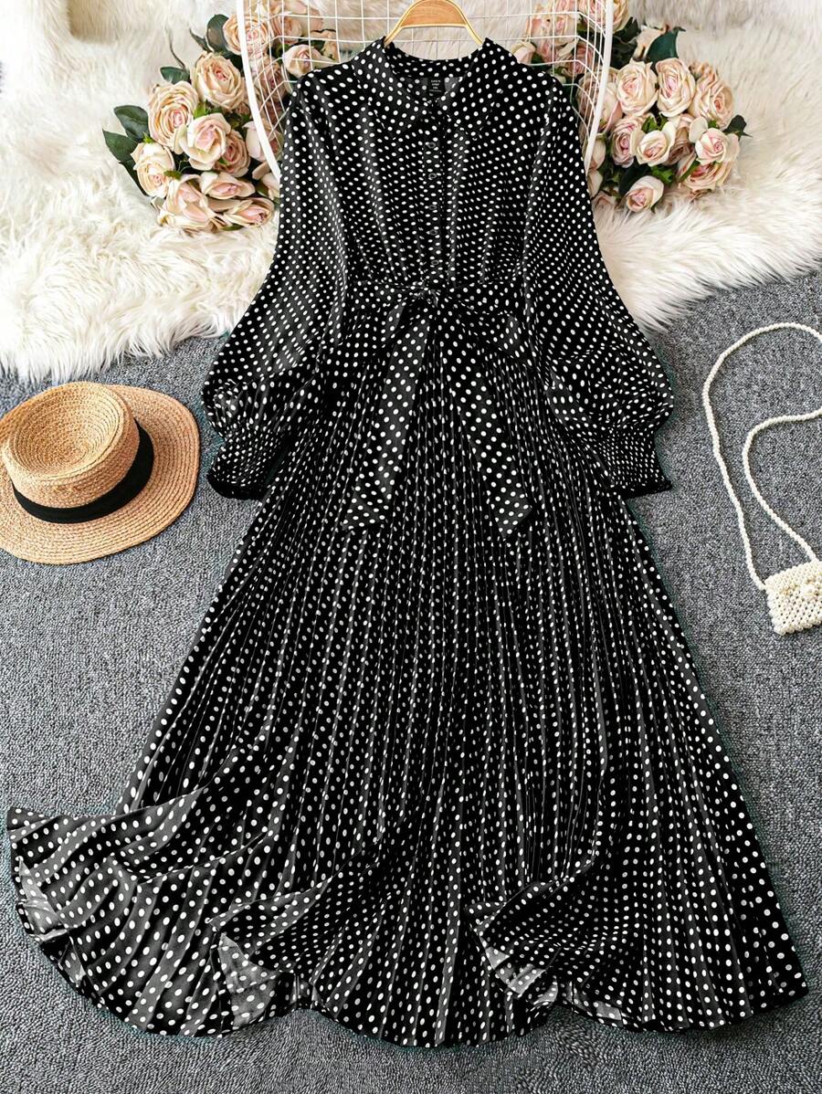 DreamSkyne Court Retro  Plus Size Women's Polka Dot Print Long Sleeve Ruffle Hem Elegant Dress, Autumn For New Year Clothes Maxi Women Outfit Fall Cloth For Women