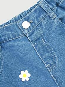 NEW Girls Casual Simple Floral Print Elastic Waist Straight Leg Cotton Jeans, Cute & Comfortable For Everyday Wear, Suitable For Spring/Summer 2025 - Light Wash - View 5