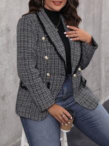 Easura Plus Plaid Pattern Shawl Collar Double Breasted Tweed Blazer, For Winter Graduation,Back To School,Teacher Outfits For Women Fall Cloth For Women Autumn - Black and White - View 6