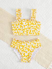Gele tankini met bloemenprint en brede bandjes en ruches voor jonge meisjes, bijpassende outfits voor mama en mij (3 sets apart verkrijgbaar)