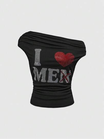 Grunge Punk Y2K Sexy Slogan Rhinestone Decor Waist Ruched Oblique Shoulder Bodycon T-Shirt