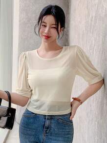 DAZY 女式半透明 3/4 袖圆领网眼休闲套头衫，夏季 - 杏色 - 查看 8