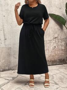 EMERY ROSE Plus Size Elastic Striped Cinched Waist Long Dress For Women, Spring/Summer - Black - View 3