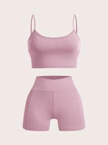 SHEIN EZwear 4 件套纯色户外服装：不对称领褶皱上衣 + 吊带背心 + 短裤 + 高腰裤 - 淺灰紫 - 查看 6