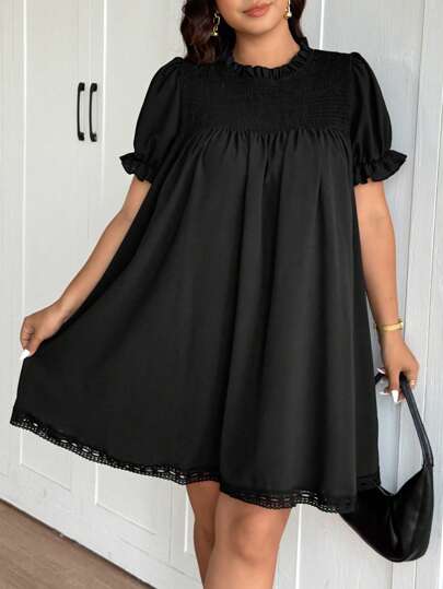 SHEIN Frenchy Plus Size Women Round Neck Casual Loose Black Lantern Sleeve Dress