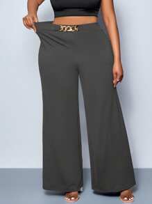 SOLERSUN 大码女式纯色腰带细节阔腿裤、裤子、四季款式、派对、音乐会、通勤日常款式、音乐节、浪漫、情人节、度假 - 灰色 - 查看 2