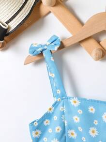 SHEIN Girls' Simple Daisy Print Asymmetrical Ruffle Bowknot Decor Camisole Sundress, Suitable For Summer Beach Vacation - Blue - View 3