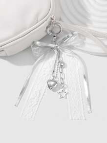 ROMWE Kawaii 1 件优雅简约可爱时尚优质白色蕾丝皮革蝴蝶结星心形装饰银链钥匙扣，适合女性、日常佩戴或送礼