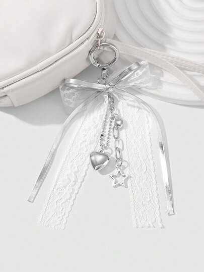 Kawaii 1pc Elegant Minimalist Cute Fashionable High-Quality White Lace Leather Bow Star Heart Decor Silver Chain Keychain, Suitable For Women, Daily Wear Or Gifts