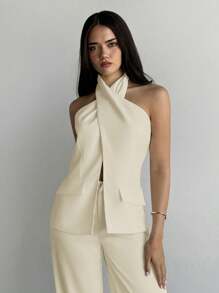 Aloruh Top sans manches de couleur unie avec fente latérale et col ras-du-cou, convient pour le trajet domicile-travail - Nude - Voir 4