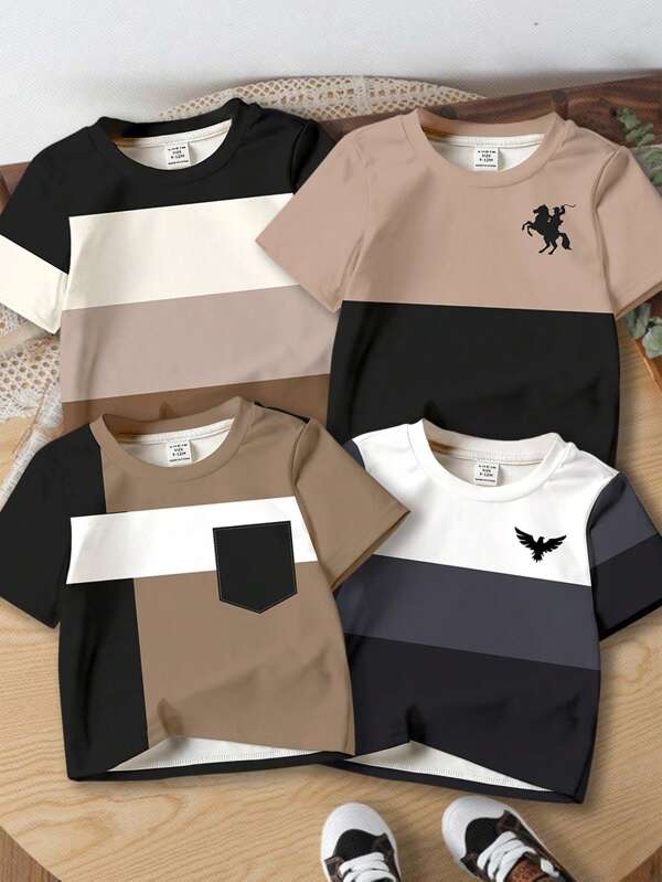 SHEIN 4pcs Pack Baby Boy Casual Classic Stylish Patchwork Pattern, Cute Horse Silhouette And Chic Eagle Silhouette Print Short Sleeve Round Neck T-Shirts, Summer