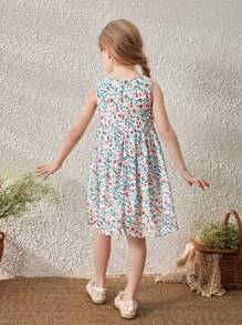 Blossori Young Girls French Elegant Ditsy Floral Printed Sleeveless Shift Dress, For Spring/Summer - Multicolor - View 2