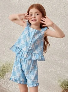 Blossori Young Girls Elegant French Style Blue Floral & Geometric Print Top And Shorts Set, Spring/Summer - Blue - View 6