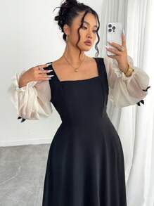 Modelyn 大码女式蝴蝶结装饰网眼长袖优雅连衣裙 - 黑色 - 查看 3