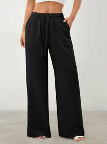 SHEIN PETITE Women's Tie-Front Trousers With Pockets Festival - Black - View 7