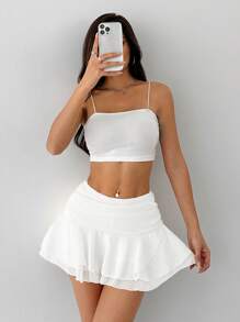 SHEIN PETITE 低腰褶皱荷叶边下摆优雅迷你裙采用多层雪纺面料 - 白色 - 查看 3