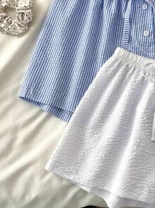 Set de 2 pantalones cortos de dormir informales y cómodos con estampado de rayas y cordón para mujer