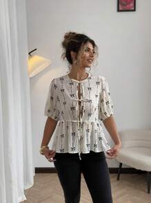 Sunnyshic Plus Size Spring/Summer Romantic Bow Accent Puff Sleeve Tie Front Blouse - Black and White - View 8