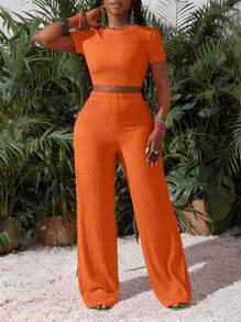 Slaydiva New Casual Basic Sports Style Spring And Summer Round Neck Short-Sleeved Truncated T-Shirt + Wide-Leg Super Long Pants Rose Red Striped Texture Knitted Fabric Women's Two Pieces Set-I