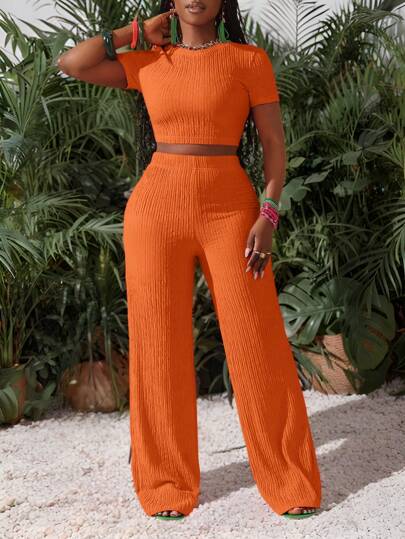 Slaydiva New Casual Basic Sports Style Spring And Summer Round Neck Short-Sleeved Truncated T-Shirt + Wide-Leg Super Long Pants Rose Red Striped Texture Knitted Fabric Women's Two Pieces Set-I