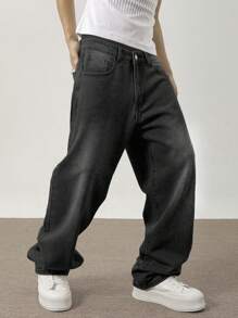 Manfinity Hypemode Pantalones vaqueros de hombre con bolsillos sesgados y pierna ancha con ajuste holgado