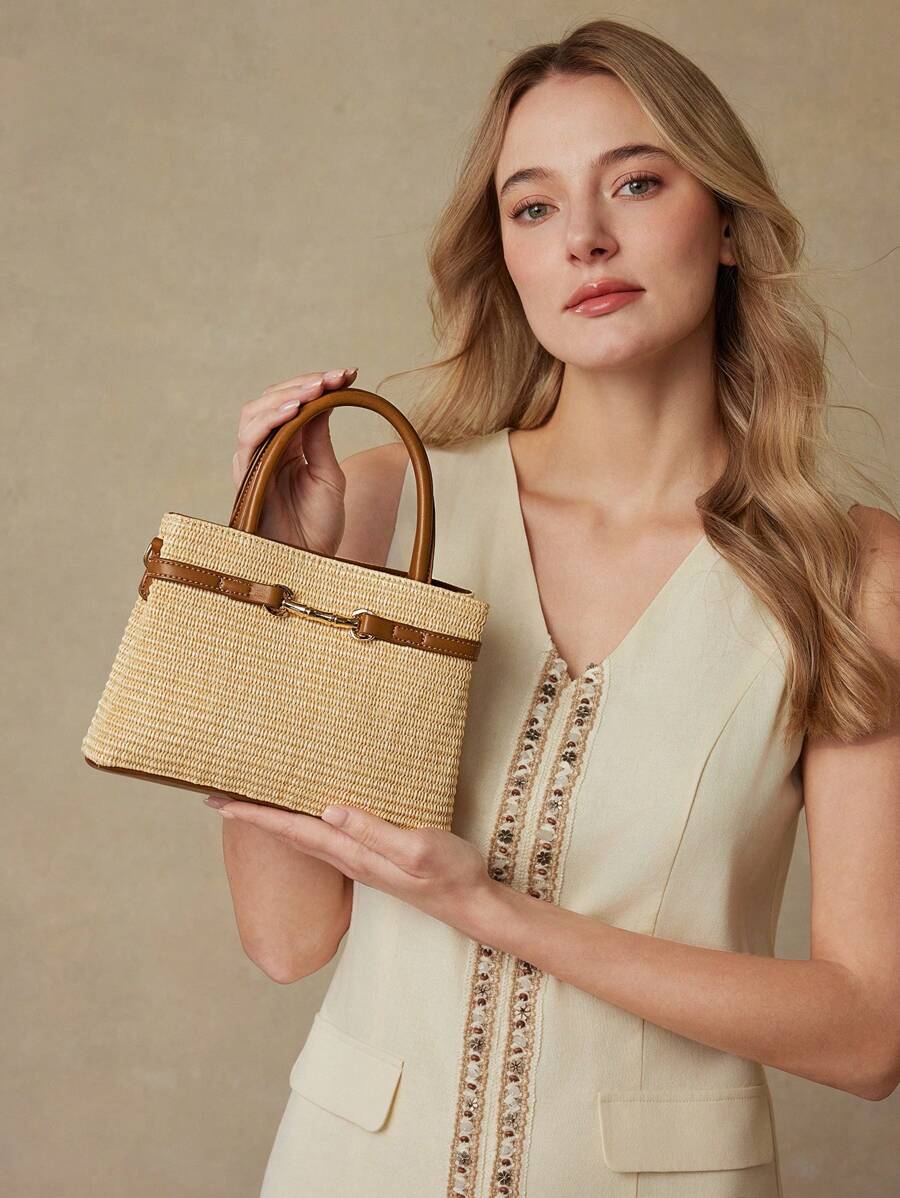 MOTF PREMIUM TÚI XÁCH TAY CÔNG SỞ CÓ VỎ DA PU MÀU TƯƠNG PHẢN - Màu Khaki - Xem 2