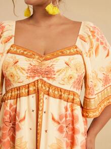 Travachic Vestido Curto Casual Feminino Plus Size de Verão Amarelo com Estampa Floral e Manga Bufante